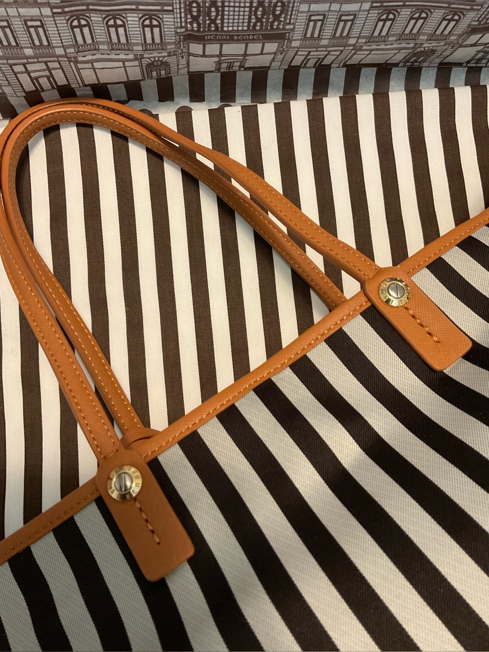 Henri Bendel Mink and Silver Premium Stripe Tote with  Chestnut Saffiano Trim - Picture 10 of 16